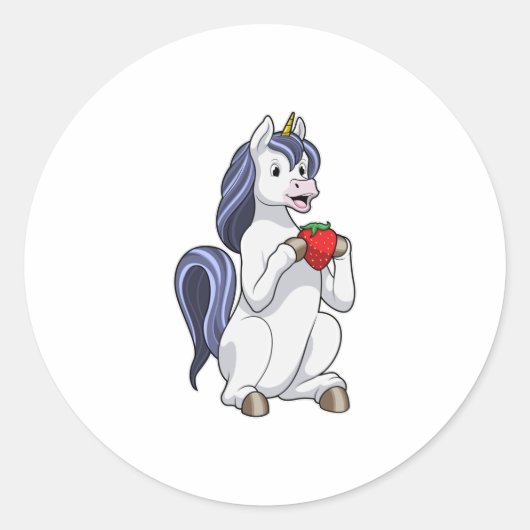 Unicorn met aardbeienvruchten ronde sticker (Voorkant)