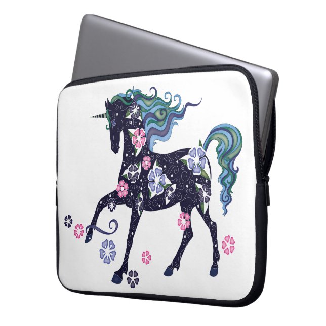 Unicorn met bloemen, donkerblauw laptop sleeve (Voorkant Links)