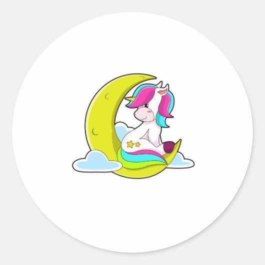 Unicorn met Clouds & Moon Ronde Sticker (Voorkant)