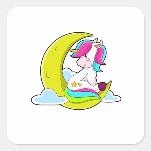Unicorn met Clouds & Moon Vierkante Sticker (Voorkant)
