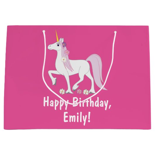 Unicorn met Daisies Birthday Name Large Cadeautasje (Voorkant)
