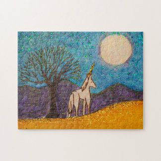 Unicorn met een eikenboom die naar de maan kijkt legpuzzel