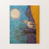 Unicorn met een eikenboom die naar de maan kijkt legpuzzel (Verticaal)