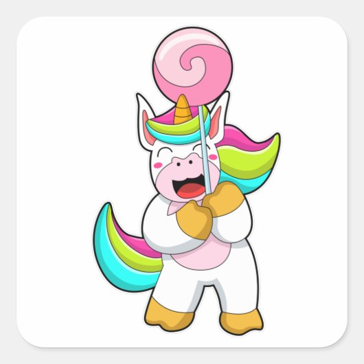 Unicorn met Lollipop Vierkante Sticker (Voorkant)