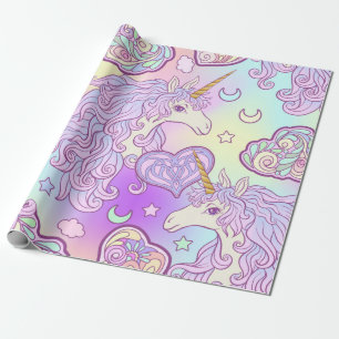 Unicorn met meerkleurige mane, vlinderregenboog, cadeaupapier