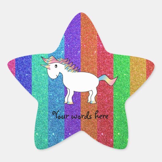 Unicorn met regenbooglitterstrepen ster sticker (Voorkant)