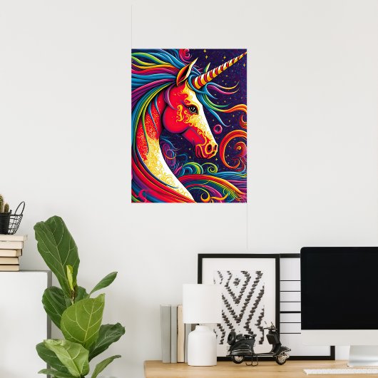 Unicorn met regenboogmane en Sterrennacht-Ai Art Poster (Thuiskantoor)