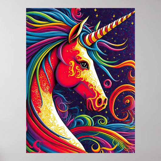 Unicorn met regenboogmane en Sterrennacht-Ai Art Poster (Voorkant)