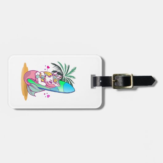 Unicorn met surfboard op het strand bagagelabel (Voorkant horizontaal)
