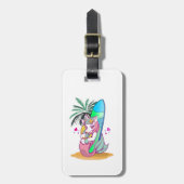 Unicorn met surfboard op het strand bagagelabel (Voorkant verticaal)