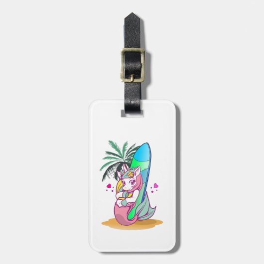 Unicorn met surfboard op het strand bagagelabel (Voorkant verticaal)