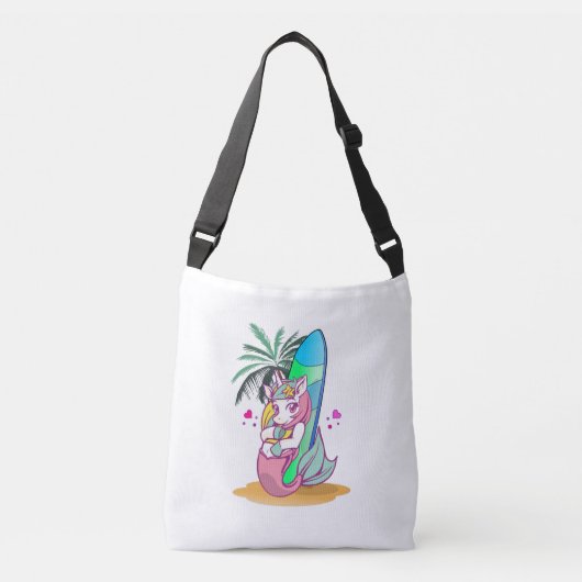 Unicorn met surfboard op het strand crossbody tas (Voorkant)