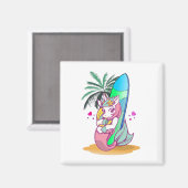Unicorn met surfboard op het strand magneet (Voorkant / Achterkant)