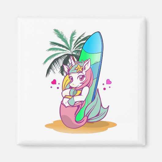 Unicorn met surfboard op het strand magneet (Voorkant)