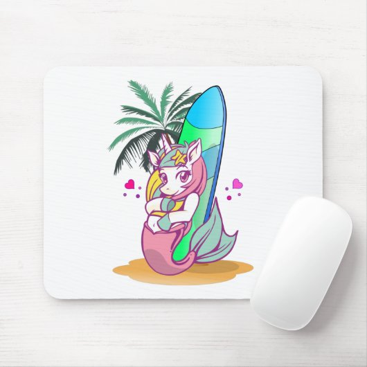 Unicorn met surfboard op het strand muismat (Met muis)