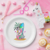 Unicorn met surfboard op het strand papieren bordje (Feest)