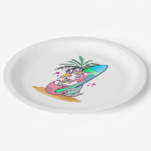 Unicorn met surfboard op het strand papieren bordje (Gekanteld)