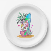 Unicorn met surfboard op het strand papieren bordje (Voorkant)