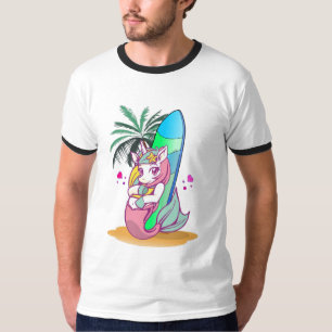 Unicorn met surfboard op het strand t-shirt