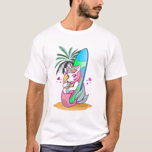 Unicorn met surfboard op het strand t-shirt (Voorkant)