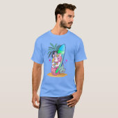Unicorn met surfboard op het strand t-shirt (Voorkant volledig)