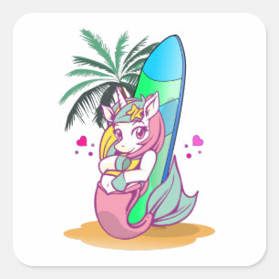 Unicorn met surfboard op het strand vierkante sticker