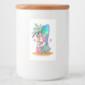 Unicorn met surfboard op het strand voedselcontainer etiket (Voorkant)