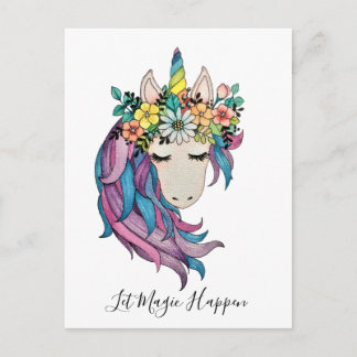 Unicorn met wilde bloemen in Waterverf Briefkaart