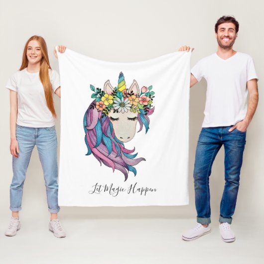 Unicorn met wilde bloemen in Waterverf Fleece Deken (In situ)