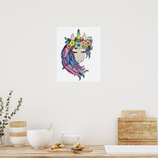 Unicorn met wilde bloemen in Waterverf Poster (Keuken)