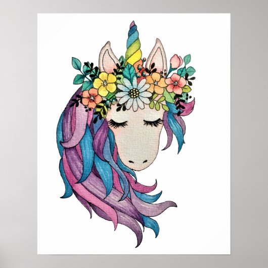Unicorn met wilde bloemen in Waterverf Poster (Voorkant)