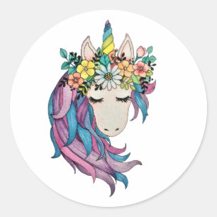 Unicorn met wilde bloemen in Waterverf Ronde Sticker