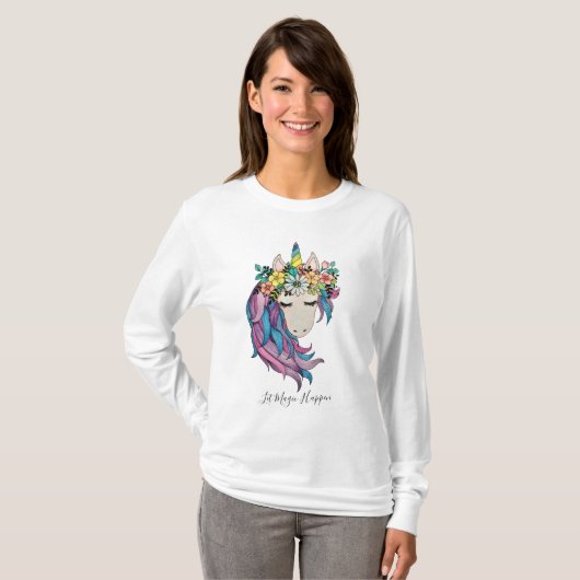 Unicorn met wilde bloemen in Waterverf T-shirt (Voorkant volledig)