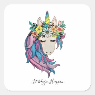 Unicorn met wilde bloemen in Waterverf Vierkante Sticker
