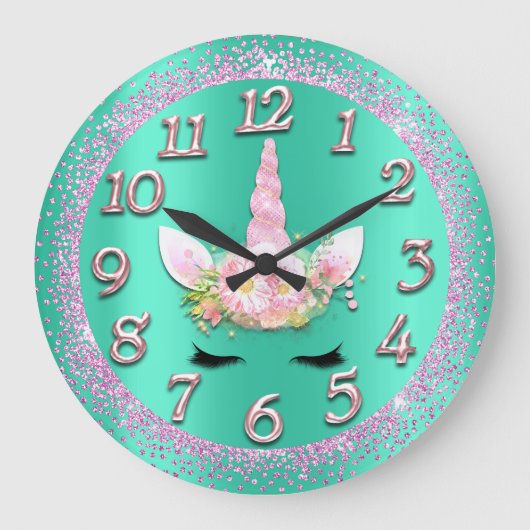 Unicorn Mint Gold Numbers Girly Glitter Spark Roze Grote Klok (Voorkant)