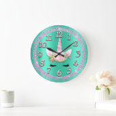 Unicorn Mint Gold Numbers Girly Glitter Spark Roze Grote Klok (Huis)
