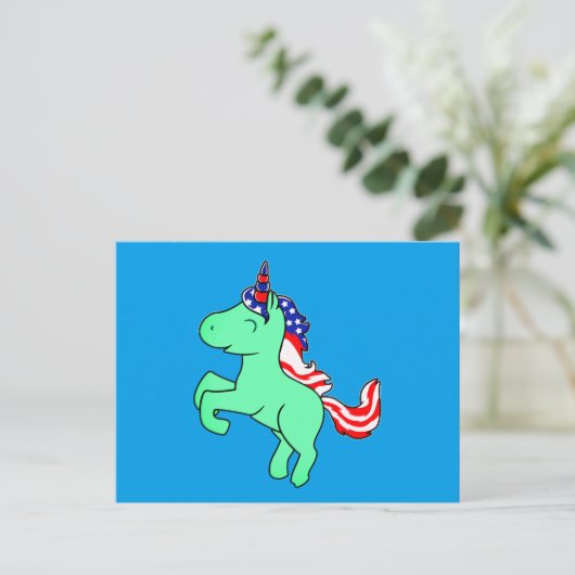 Unicorn Mint Green Patriotic USA Flag Mane Cartoon Briefkaart (Staand voorkant)