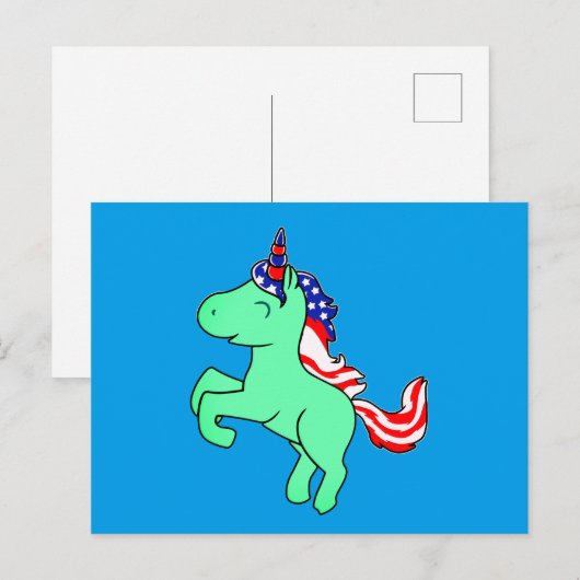 Unicorn Mint Green Patriotic USA Flag Mane Cartoon Briefkaart (Voorkant / Achterkant)
