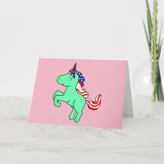 Unicorn Mint Green Patriotic USA Flag Mane Cartoon Kaart (Voorkant)