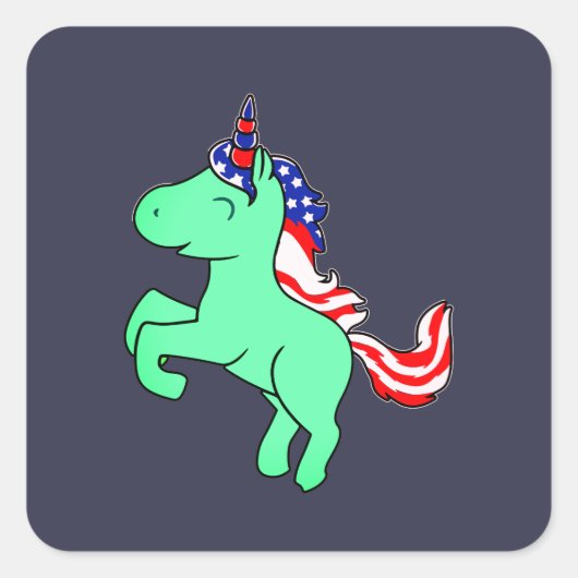 Unicorn Mint Green Patriotic USA Flag Mane Cartoon Vierkante Sticker (Voorkant)
