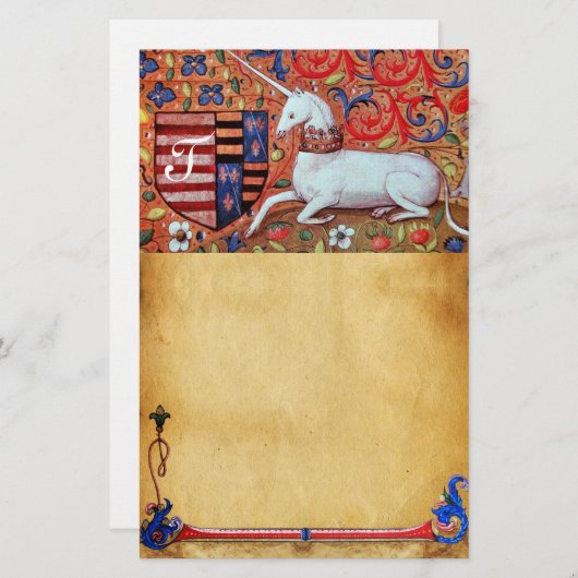 UNICORN MONOGRAM BROWN FLORAL PARCHCHMENT BRIEFPAPIER (Voorkant / Achterkant)
