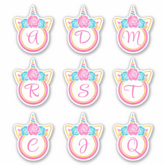 Unicorn Monogram Initiaal Sticker Pack (Voorkant)