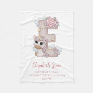 Unicorn Monogram Letter E Roze Baby Girl Gift Bab Fleece Deken
