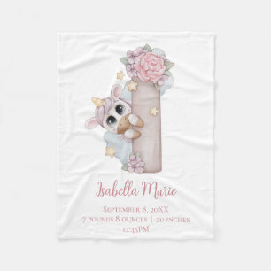 Unicorn Monogram Letter I Pink Baby Girl Gift Bab Fleece Deken