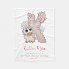 Unicorn Monogram Letter K Roze Baby Girl Gift Fleece Deken