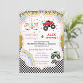 Unicorn & monstervrachtwagens die hun verjaardag v kaart (Staand voorkant)