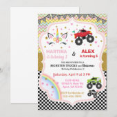 Unicorn & monstervrachtwagens die hun verjaardag v kaart (Voorkant / Achterkant)