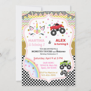 Unicorn & monstervrachtwagens die hun verjaardag v kaart
