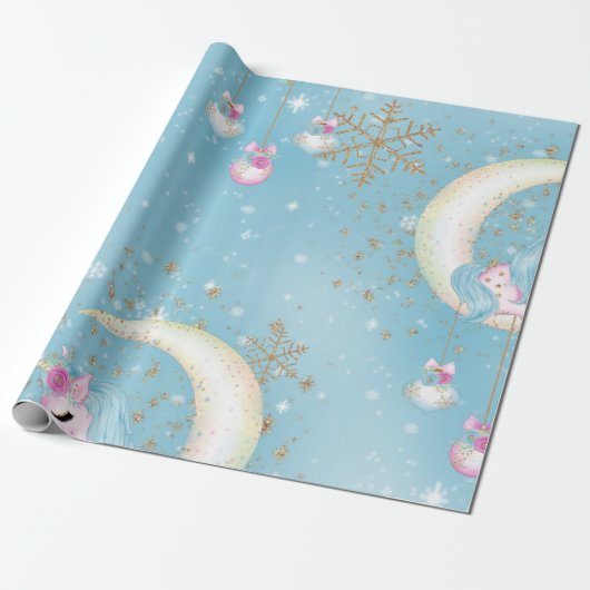 Unicorn Moon met kerstcadeaus Cadeaupapier (Uitgerold)