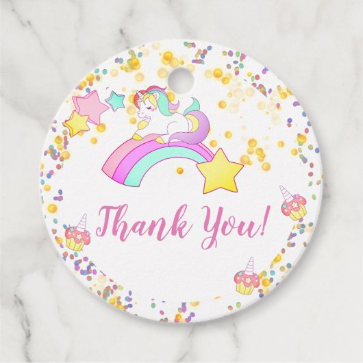 Unicorn, mousserende sterren, cupcakes en Confetti Bedankjes Labels (Voorkant)